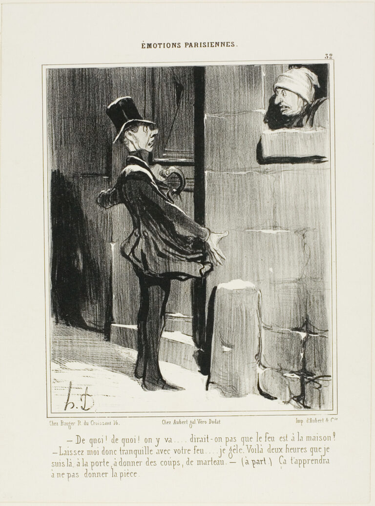 “- Alright, alright, I'm coming - one would think the house was on fire! - Enough about your fire!... I'm freezing. For two hours I've been pounding on the door. -(aside) that will teach you next time, not to give a tip!,” plate 32 from Émotions Parisiens, selected for an article about long term affair guide.